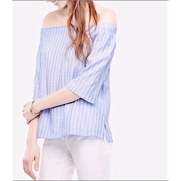 LOFT Tops - Ann Taylor Petite SP Blue White Striped Off The Shoulder Bardot Blouse Viscose